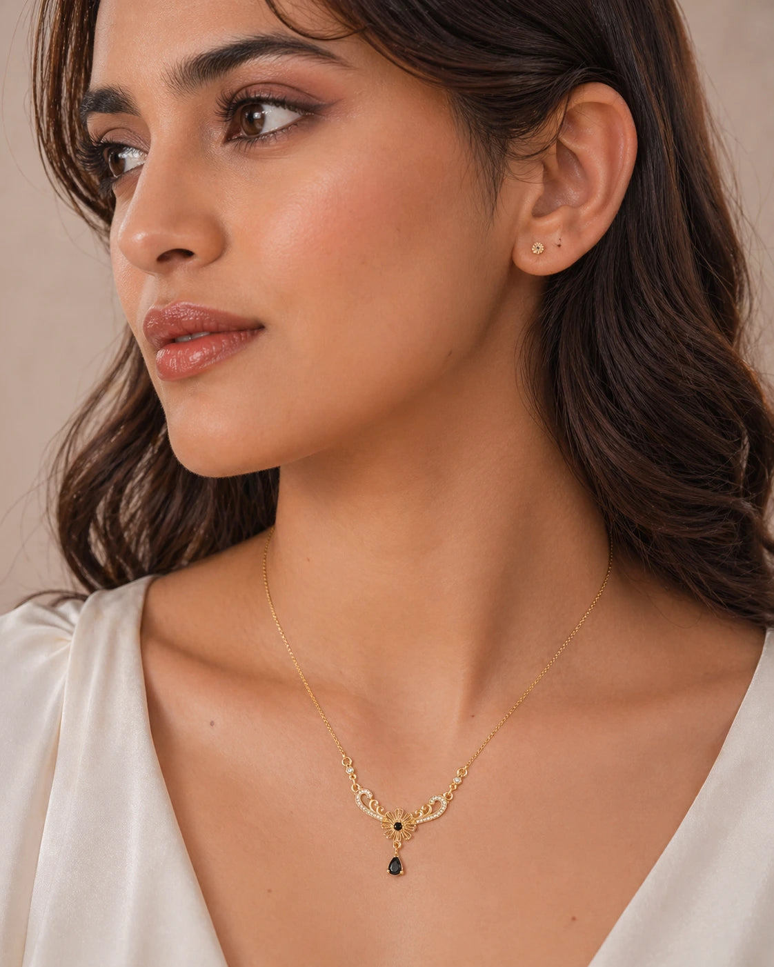 Delicate Gold Floral Filigree Necklace with Black Teardrop
