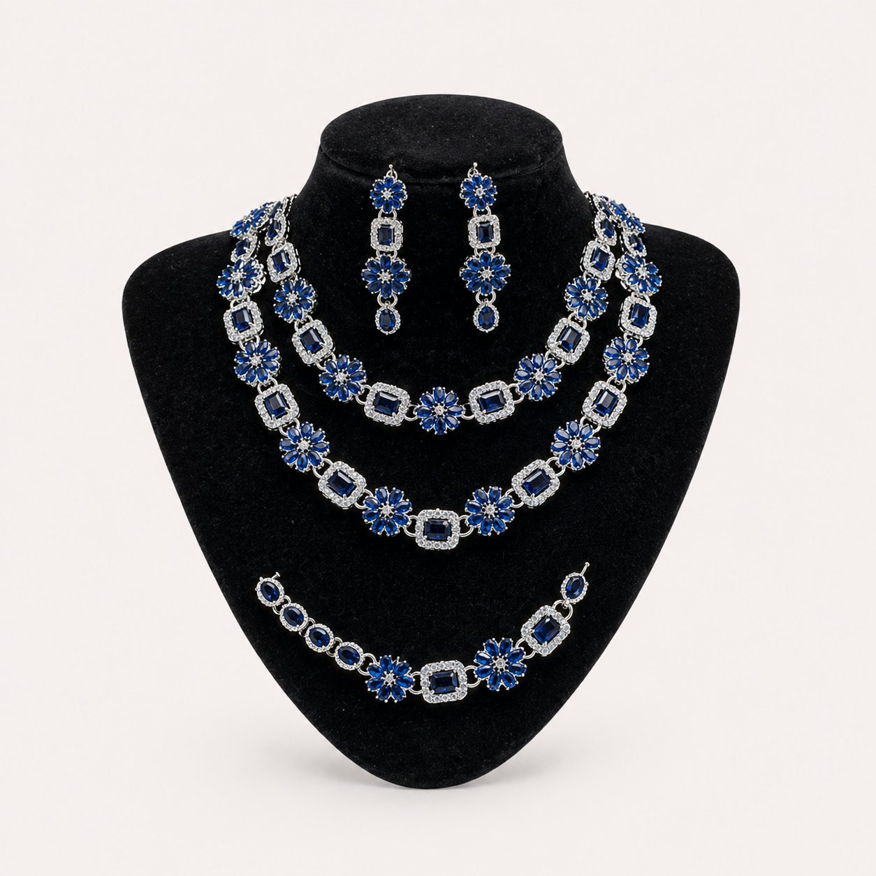 Luxurious Sapphire Blue Floral Statement 4-Piece Jewelry Set