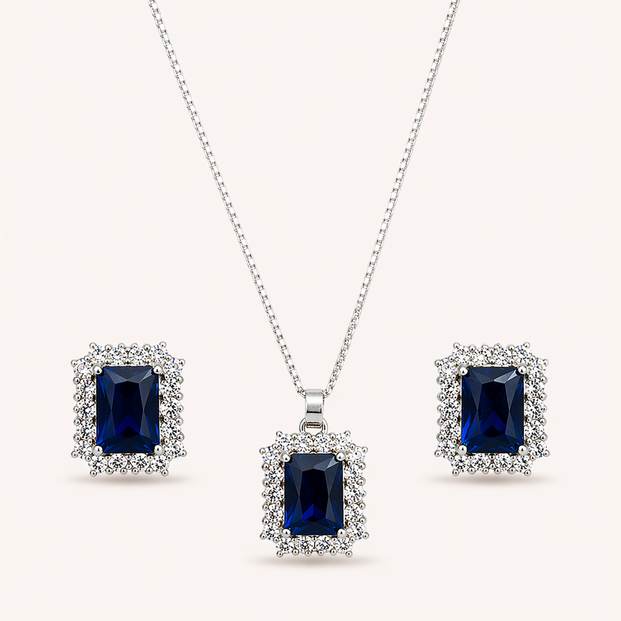 Elegant Blue Halo Pendant & Earrings Set