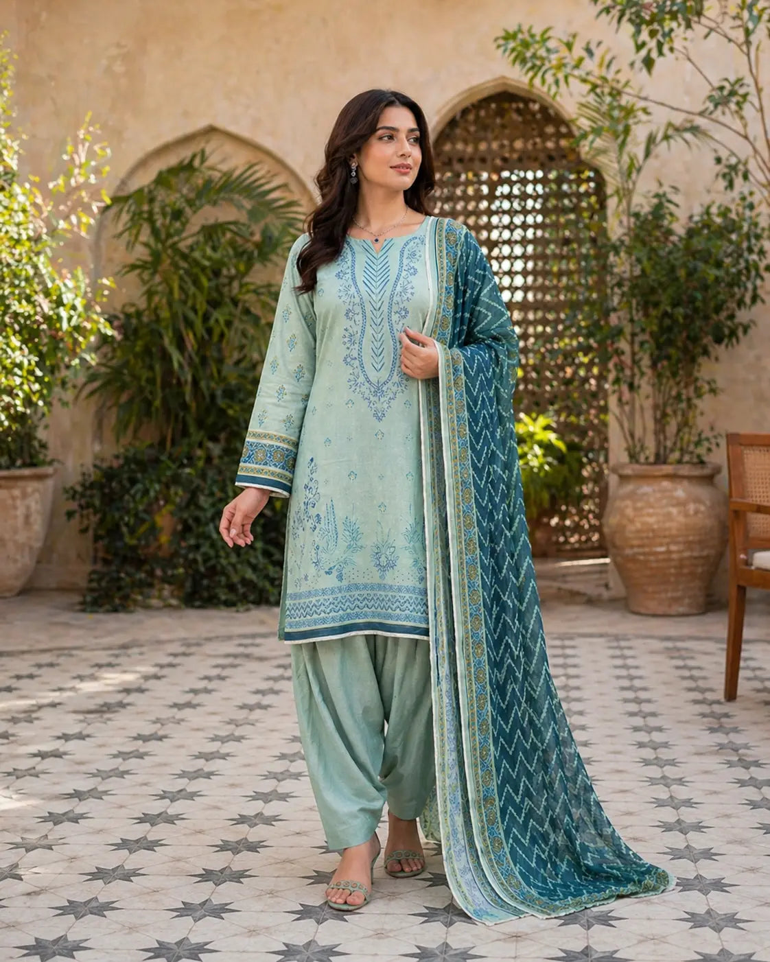 Embroidered Lawn 3-Piece Suit with Teal Dupatta