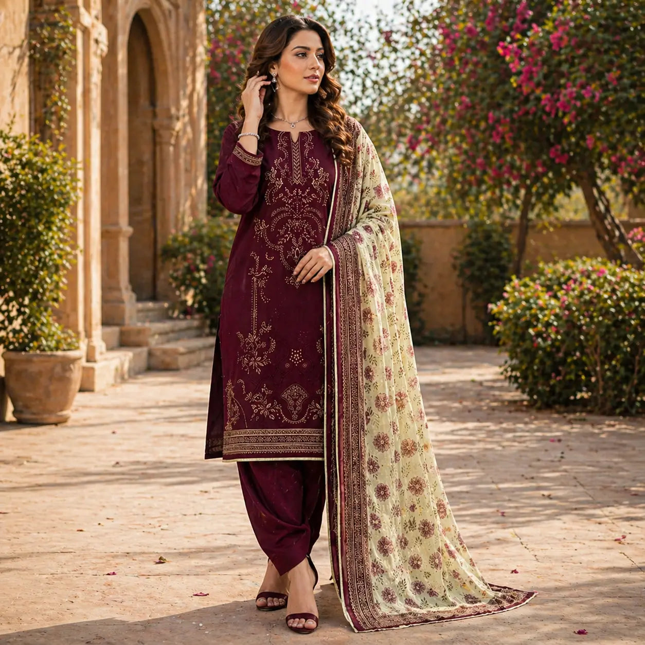 Rich Maroon Embroidered Lawn 3-Piece Suit unstitched