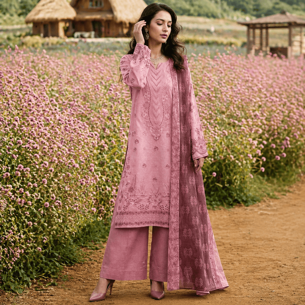Elegant Rose Embroidered Lawn 3-Piece Suit