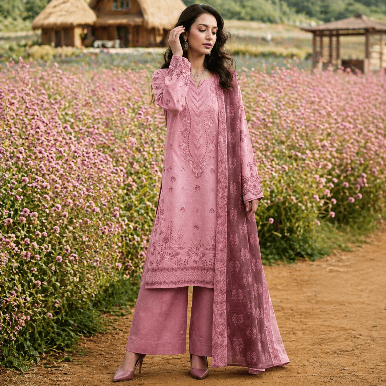 Elegant Rose Embroidered Lawn 3-Piece Suit