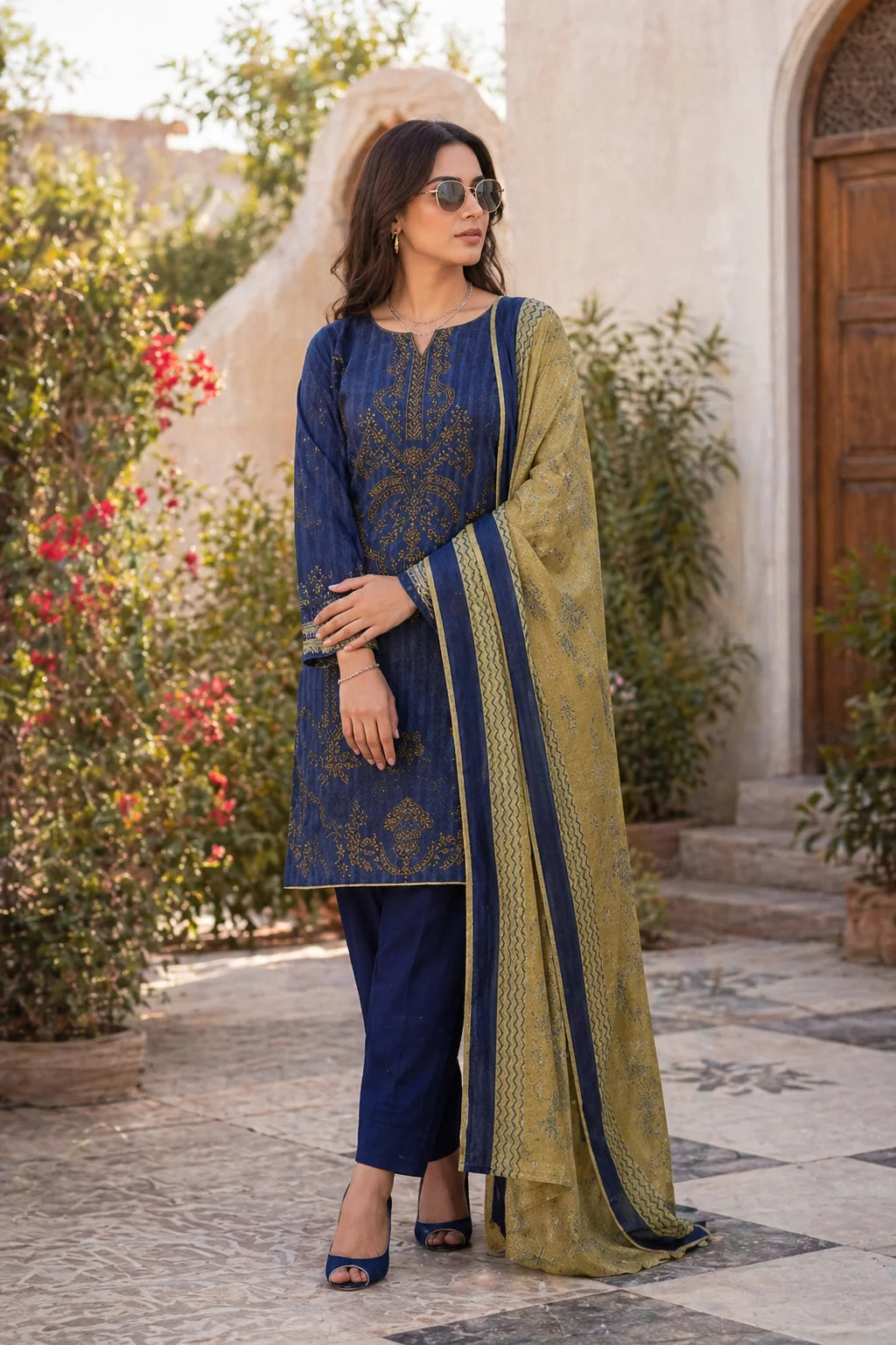 Regal Navy Blue Embroidered Lawn 3-Piece Suit