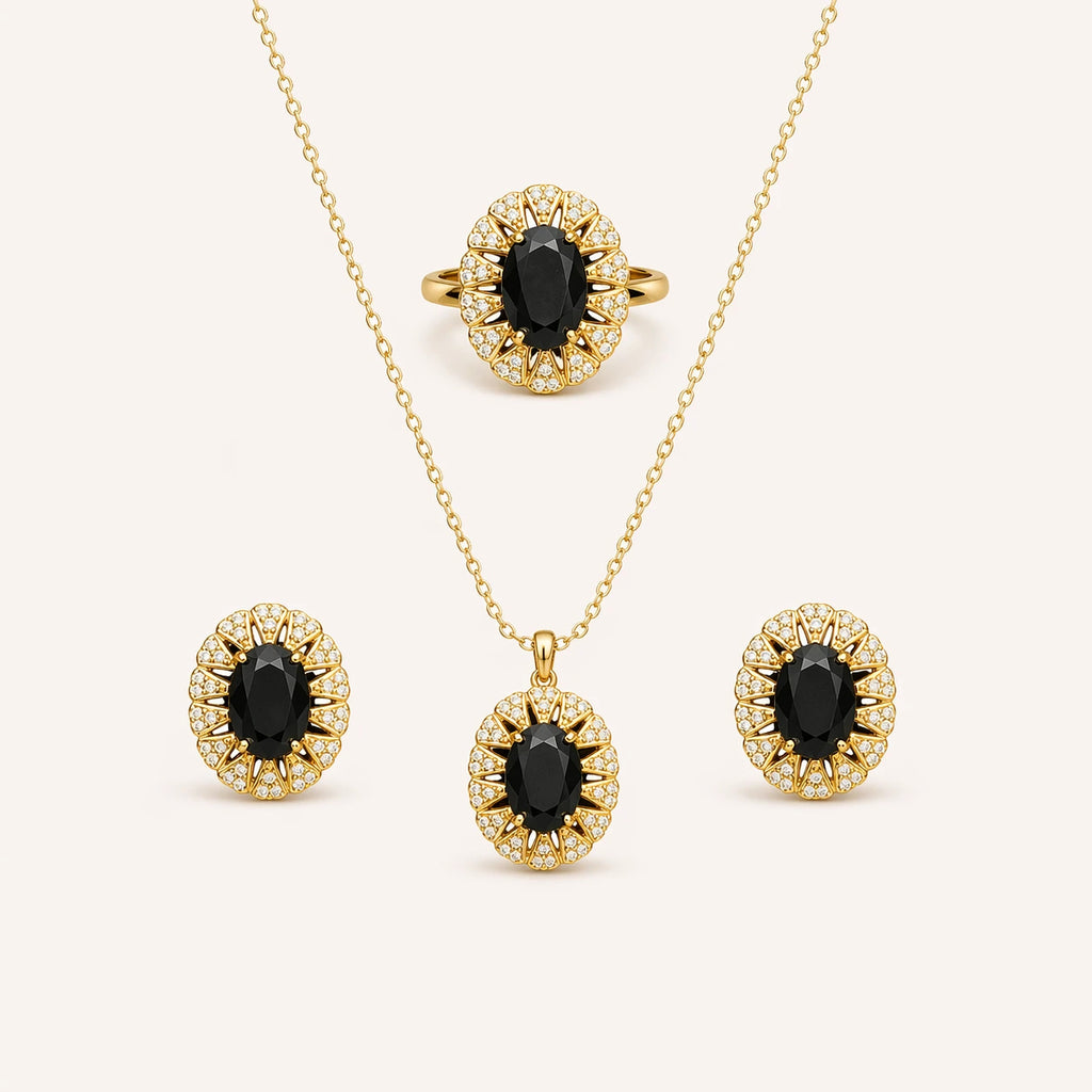 Vintage-Style Onyx Black & Gold 3-Piece Jewelry Set