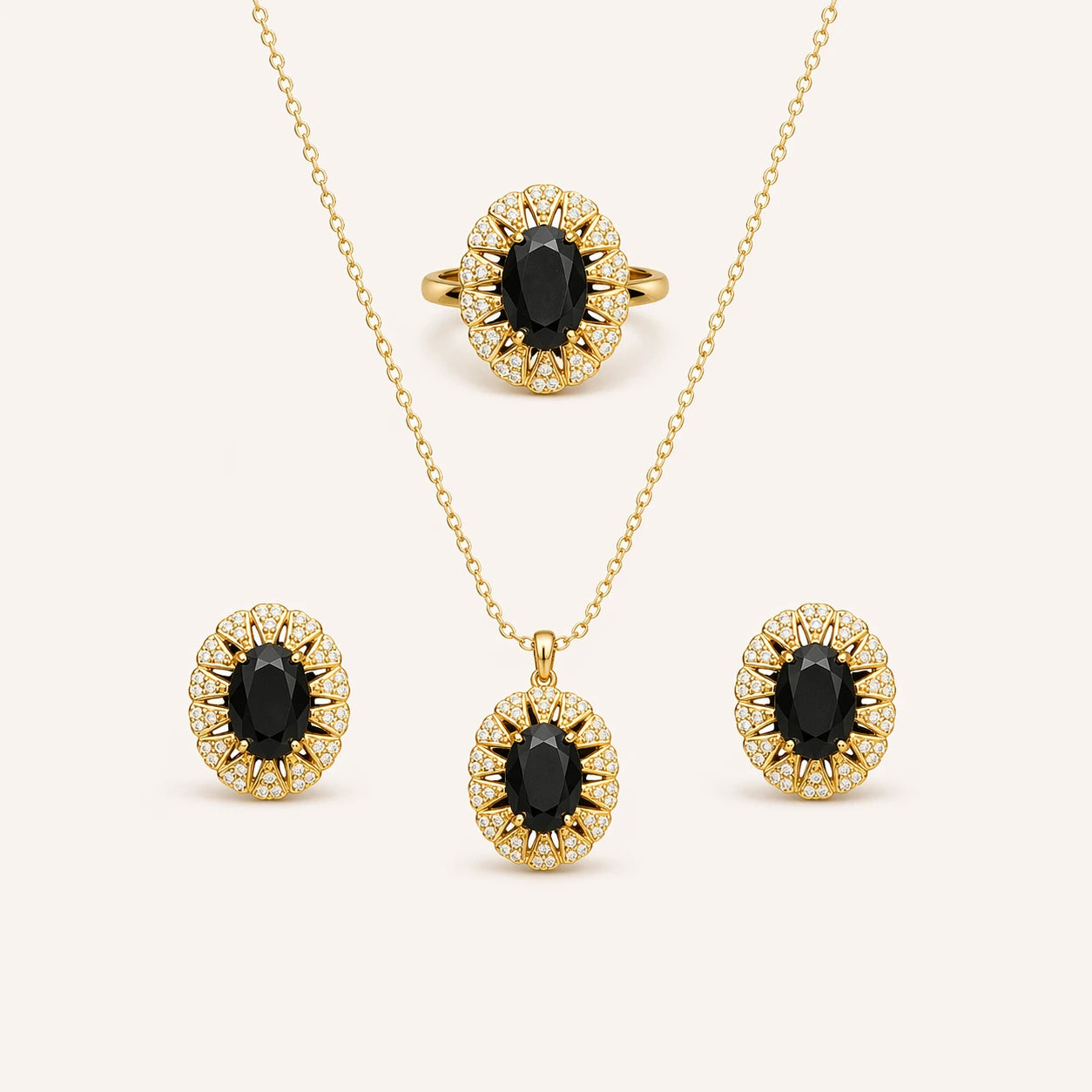 Vintage-Style Onyx Black & Gold 3-Piece Jewelry Set