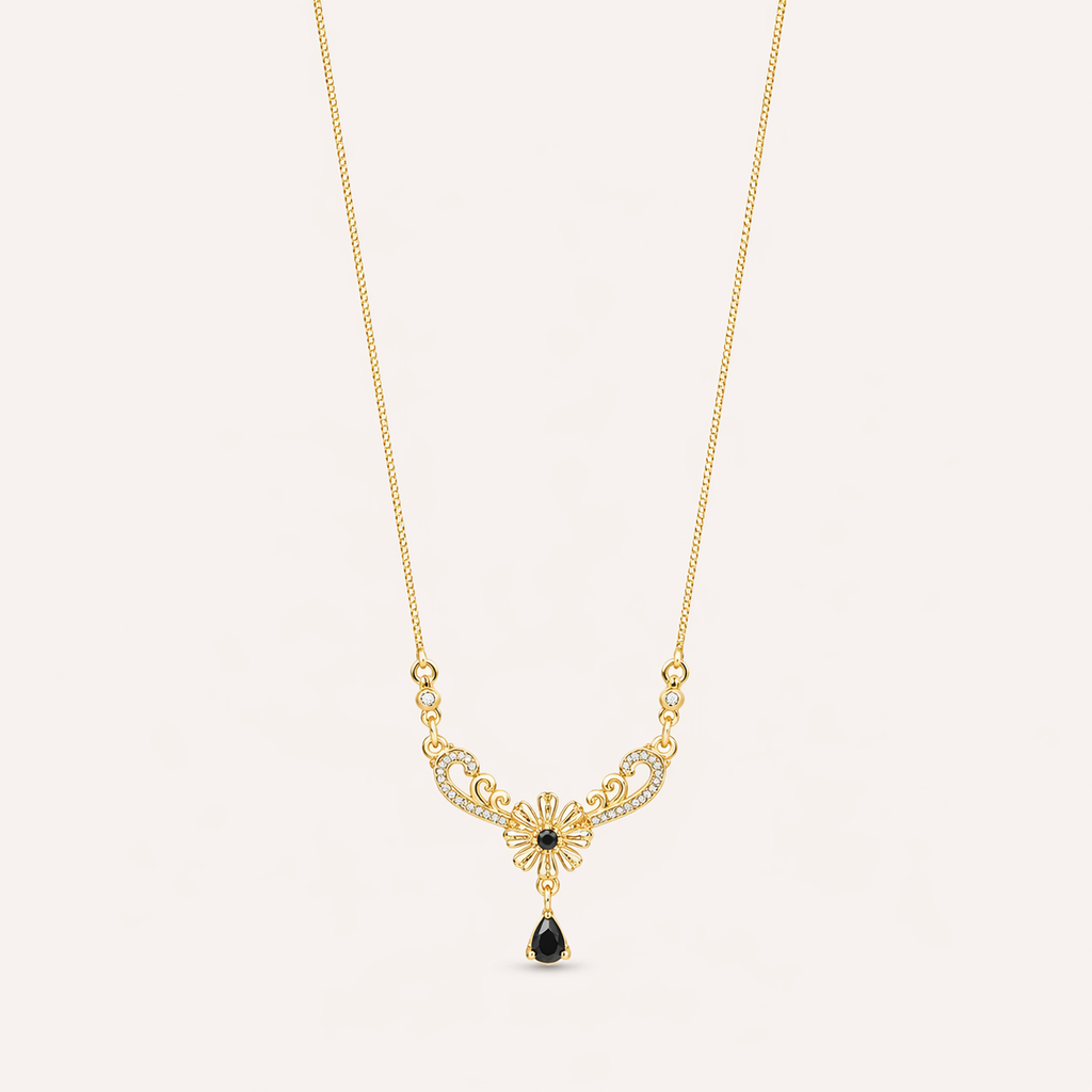 Delicate Gold Floral Filigree Necklace with Black Teardrop