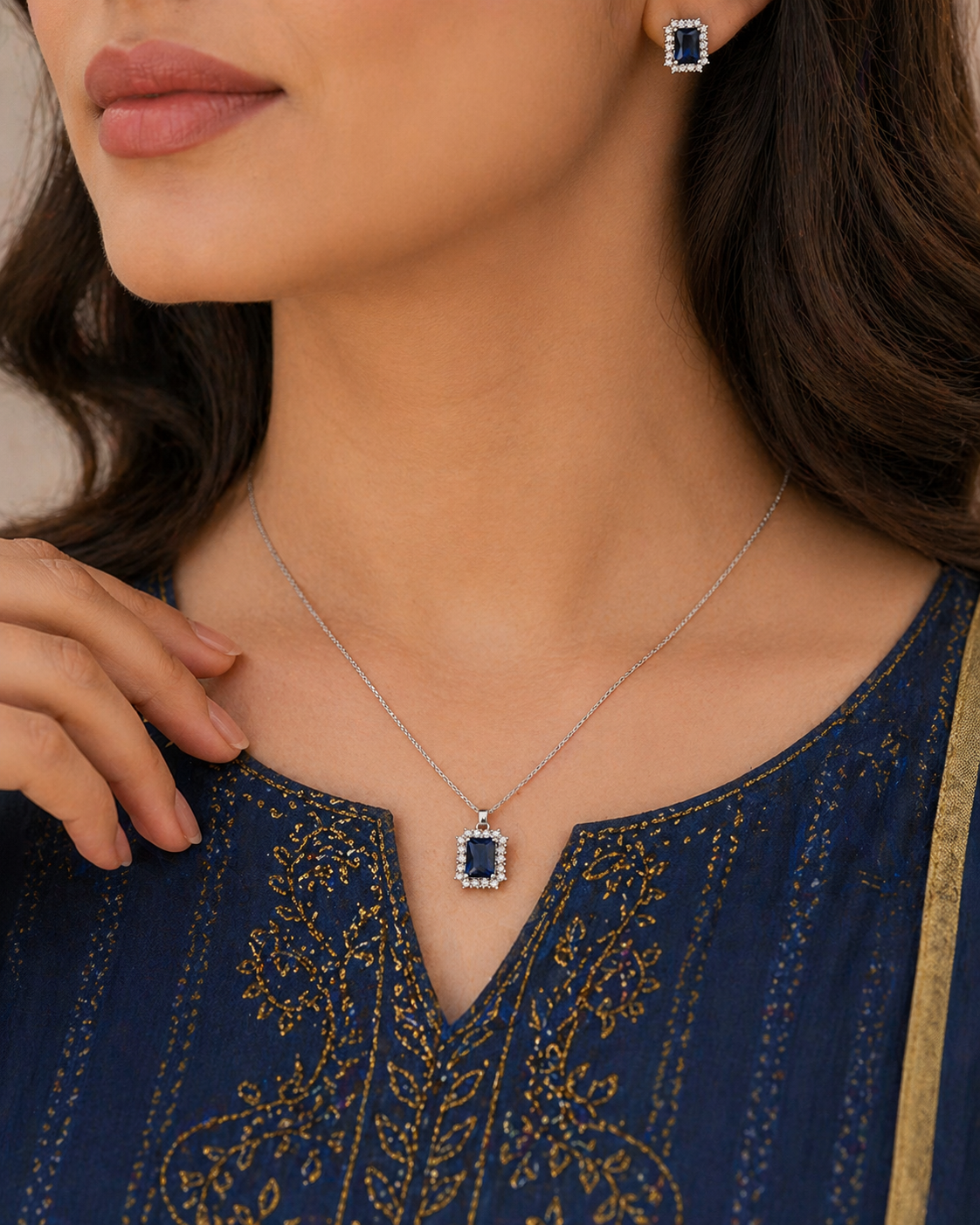 Elegant Blue Halo Pendant & Earrings Set