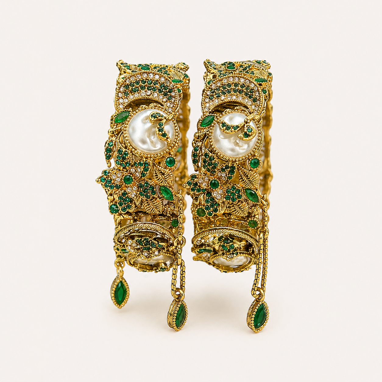 Antique Gold Turkish Bangles with Green Stones and Pearls (Set of 2)