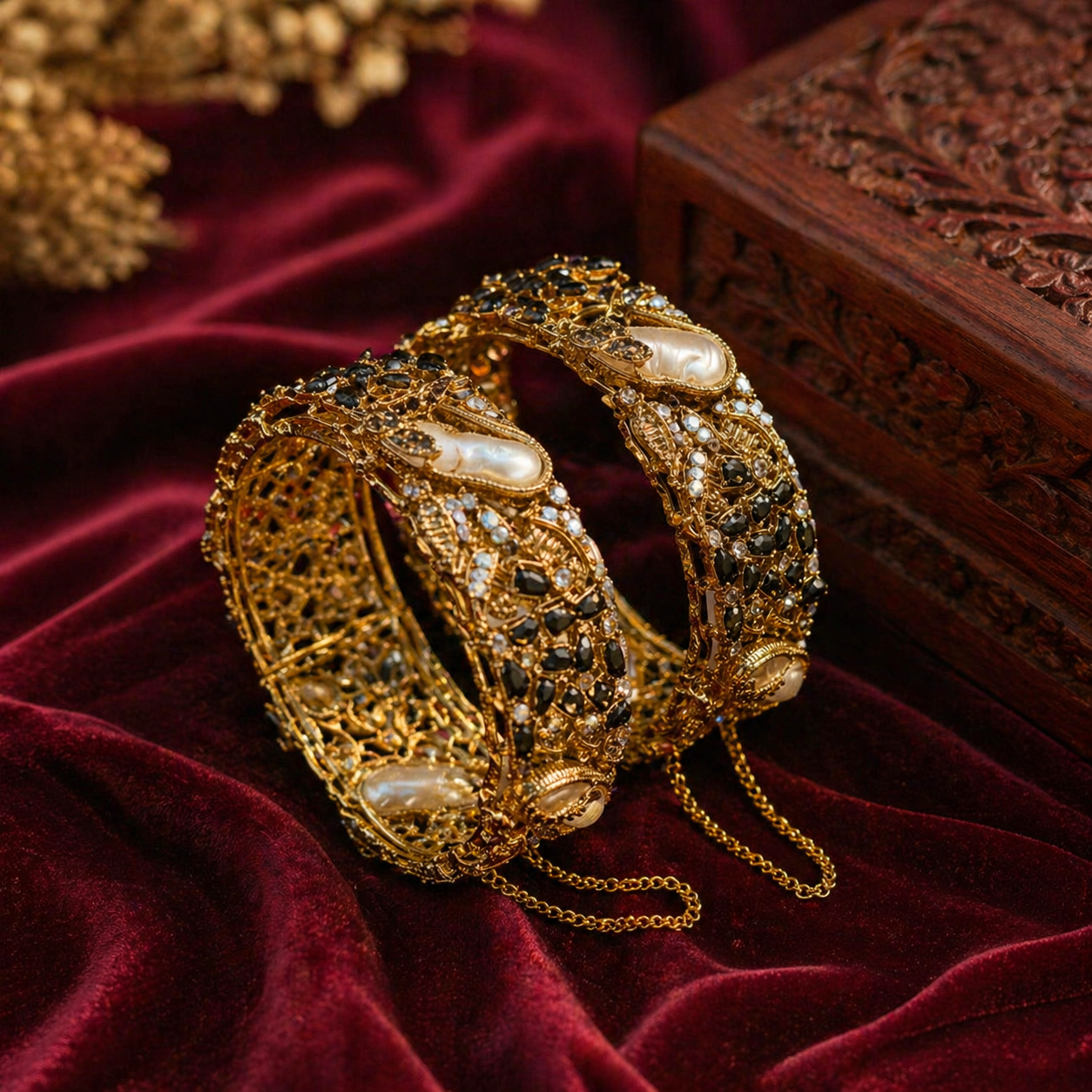Vintage Gold Turkish Bangles with Black Crystals