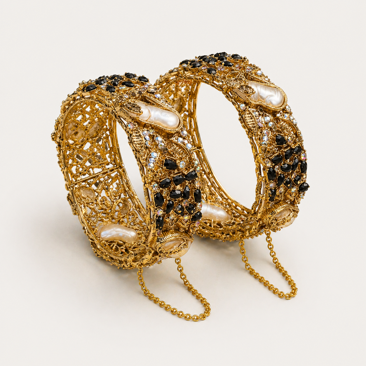 Vintage Gold Turkish Bangles with Black Crystals