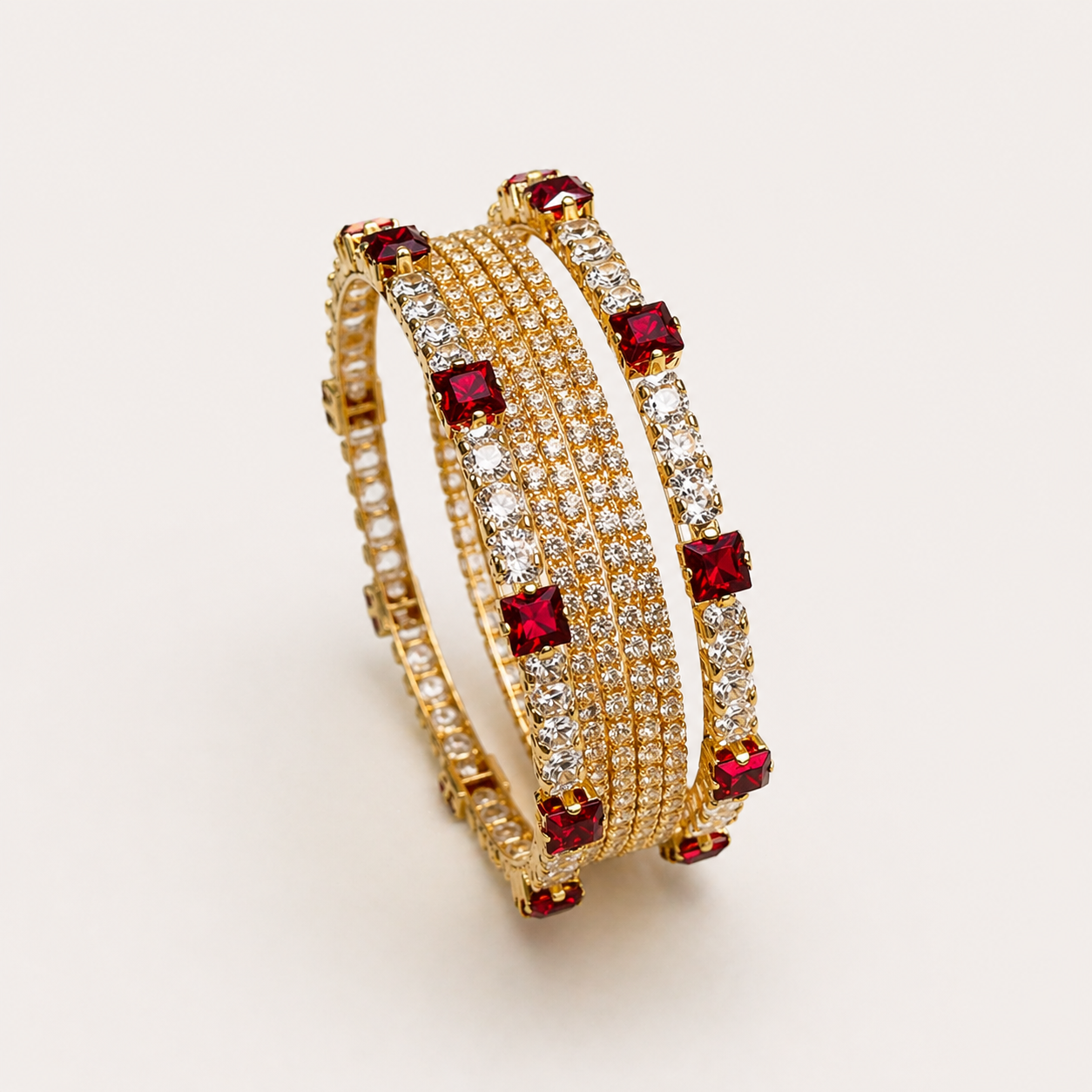 Elegant Gold Bangle Set with Square Red Crystals & Rhinestones