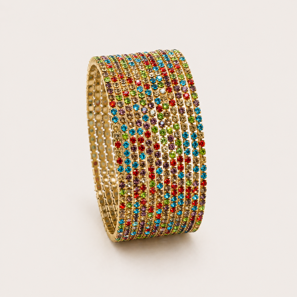 Vibrant Multi-Color Rhinestone Gold Stacking Bangles (Multi-Piece Set)