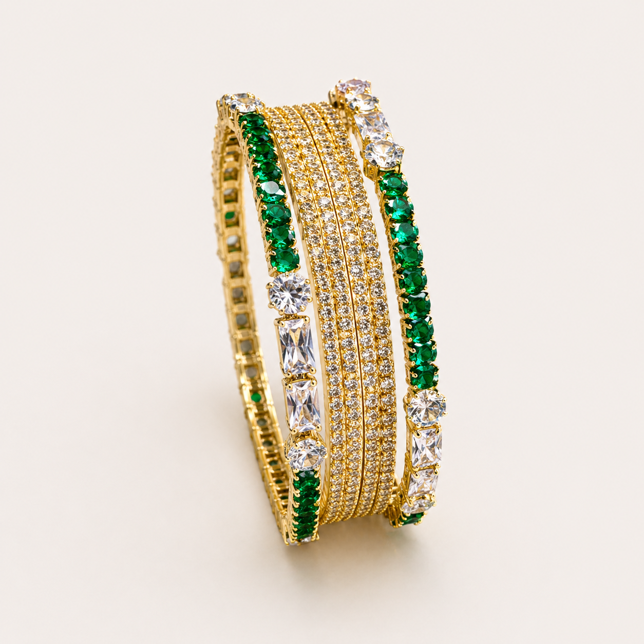 Regal Gold Bangle Set with Emerald Green & Clear Baguette Crystals