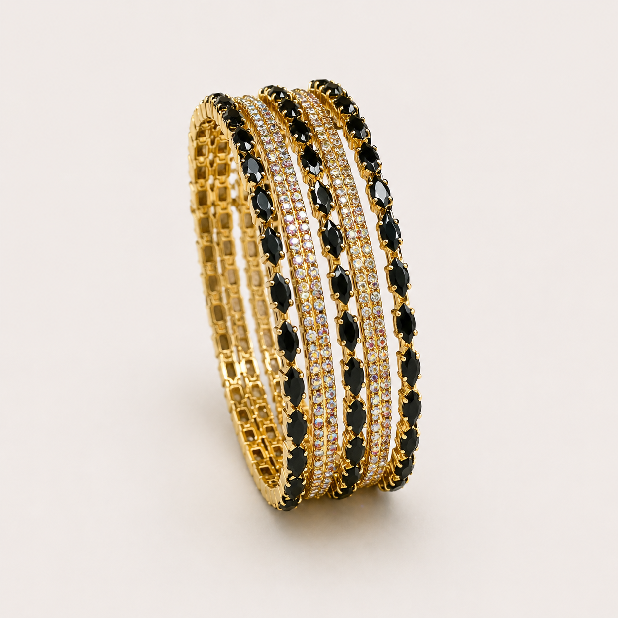 Striking Gold Bangle Set with Marquise Black Crystals & Rhinestones