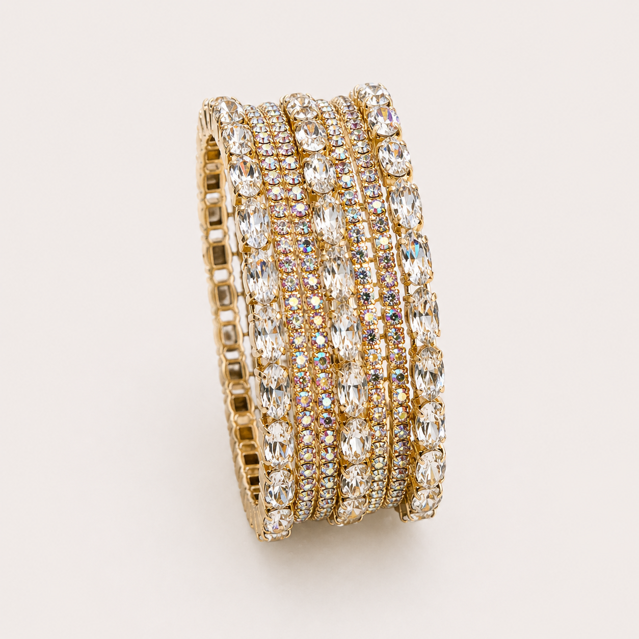 Glamorous Gold Bangle Set with Oval Cut Clear Crystals & Rhinestones