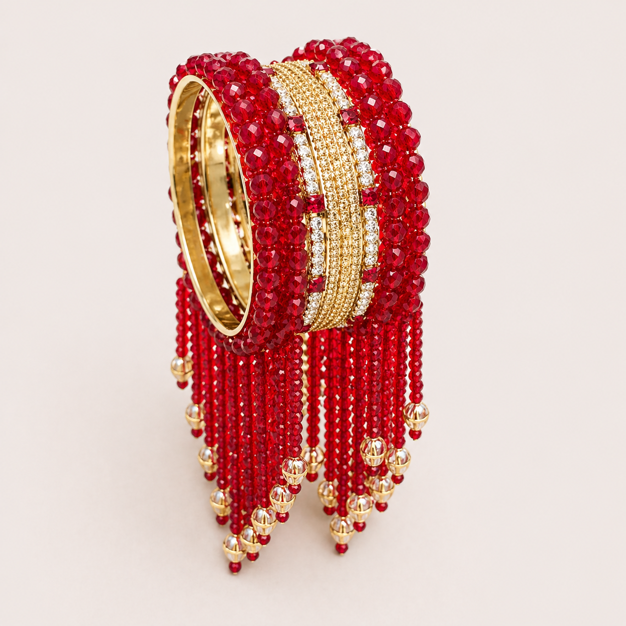 Gold Bangle Set with Cascading Ruby Red Beaded Fringes