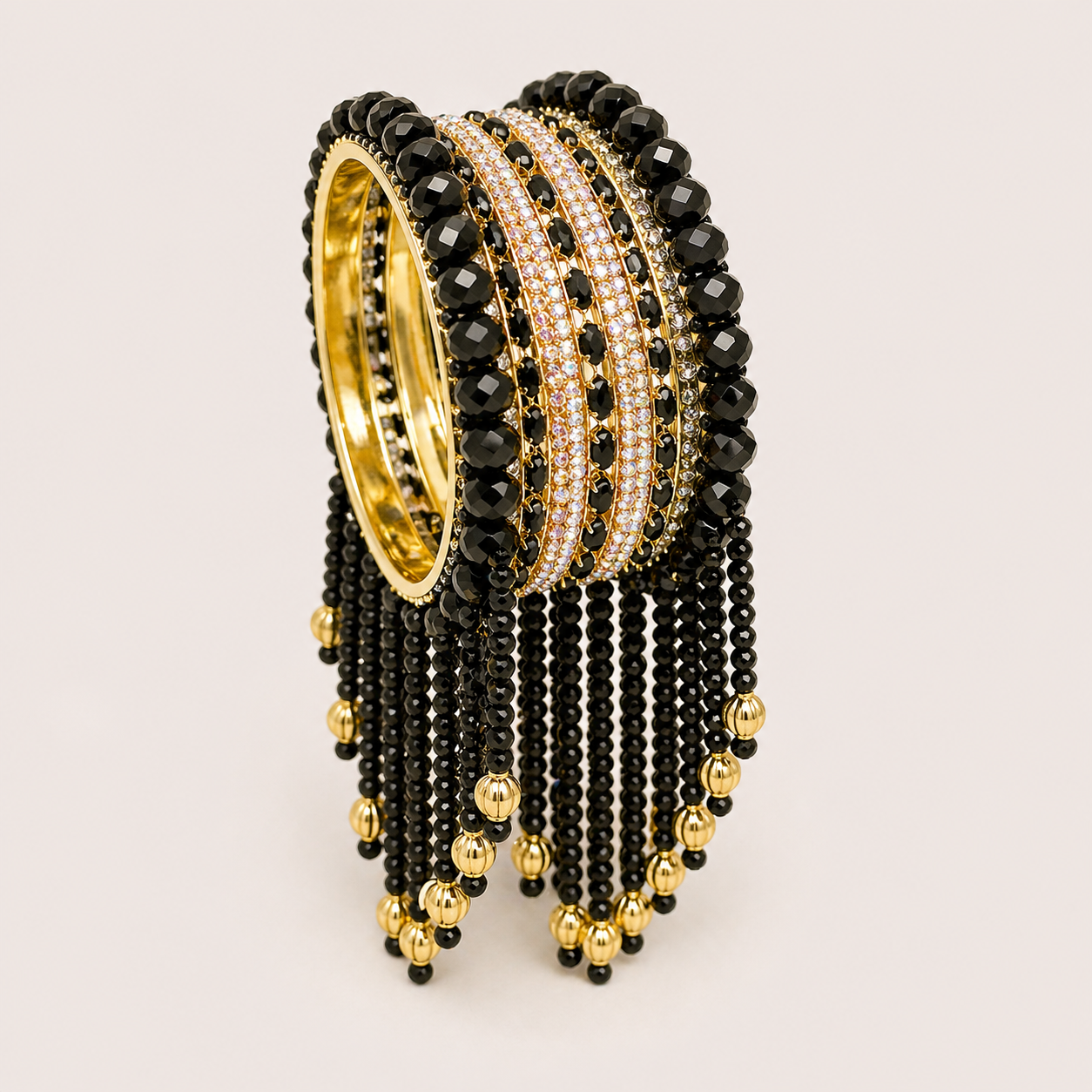 Gold Bangle Set with Cascading Black Beaded Fringes