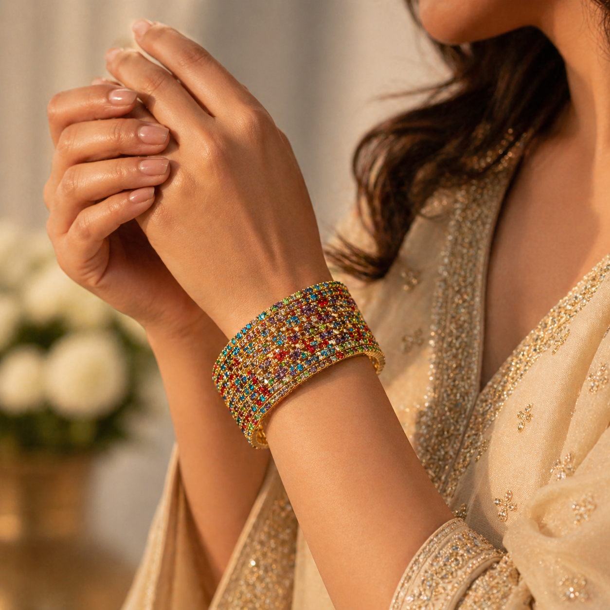Vibrant Multi-Color Rhinestone Gold Stacking Bangles (Multi-Piece Set)