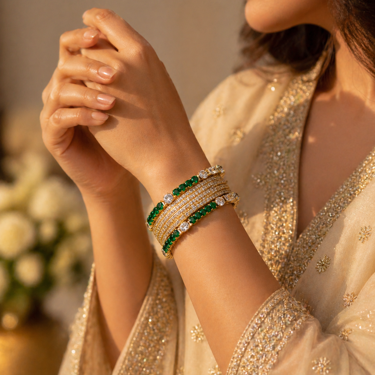 Regal Gold Bangle Set with Emerald Green & Clear Baguette Crystals