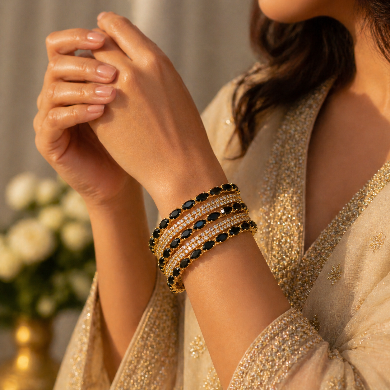 Striking Gold Bangle Set with Marquise Black Crystals & Rhinestones
