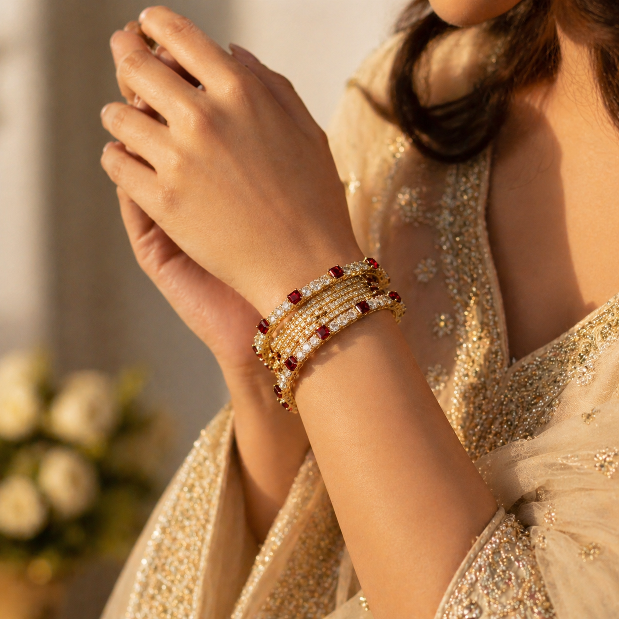 Elegant Gold Bangle Set with Square Red Crystals & Rhinestones