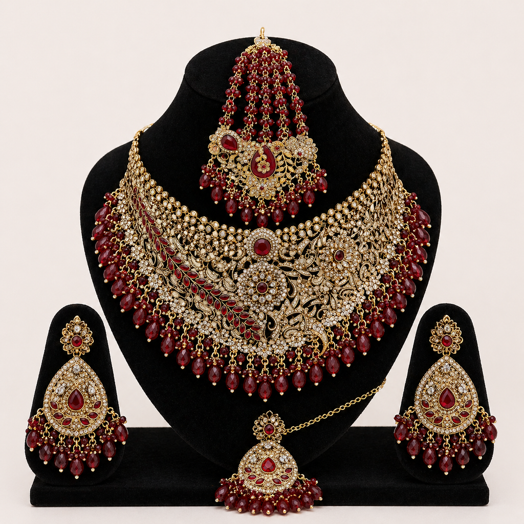Regal Crimson Red & Gold Statement Bridal Jewelry Set