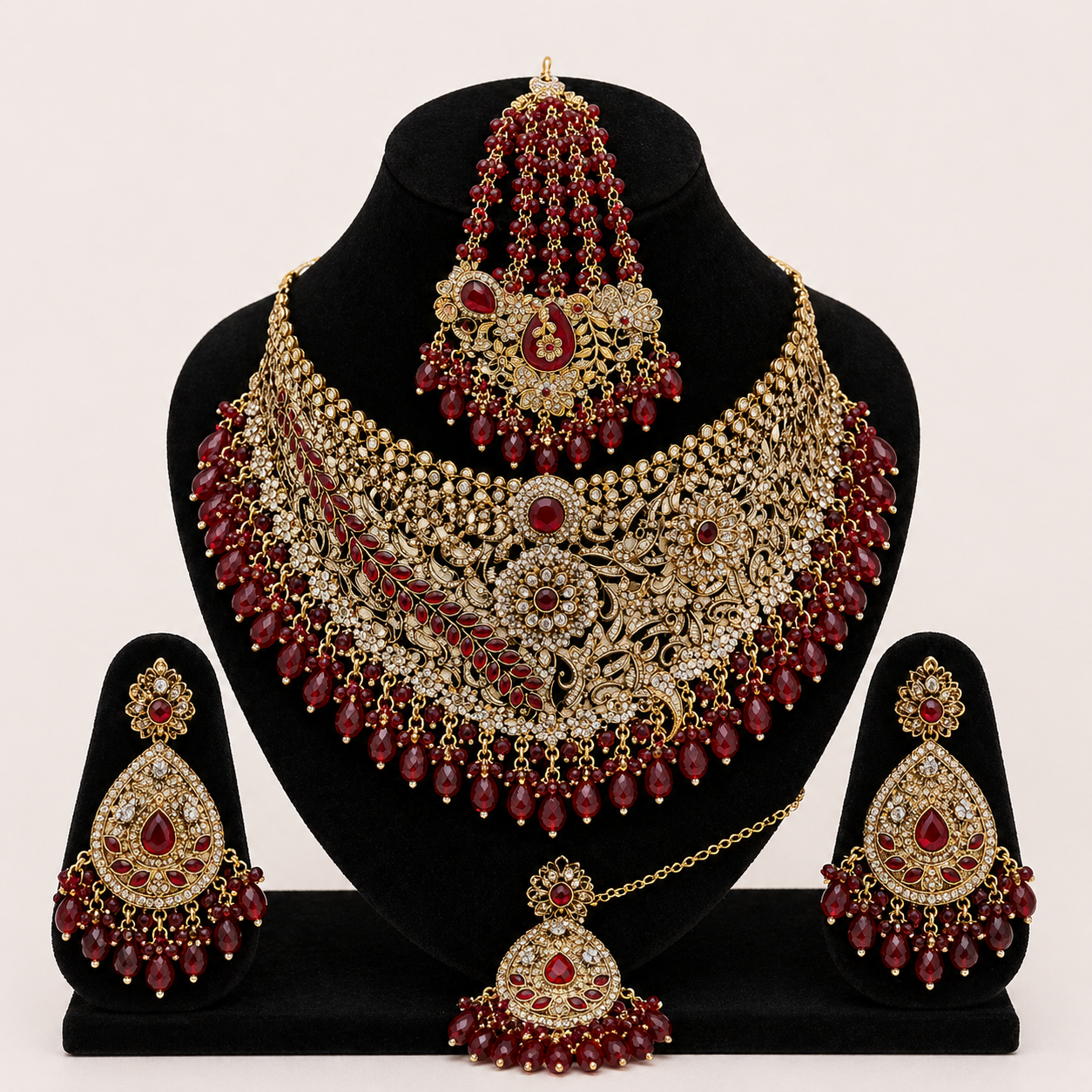 Regal Crimson Red & Gold Statement Bridal Jewelry Set