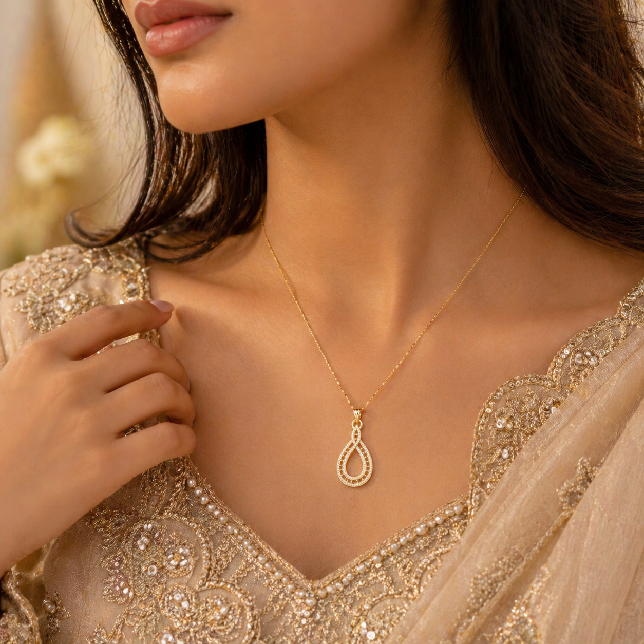 Elegant Gold Crystal Infinity Teardrop Pendant Necklace