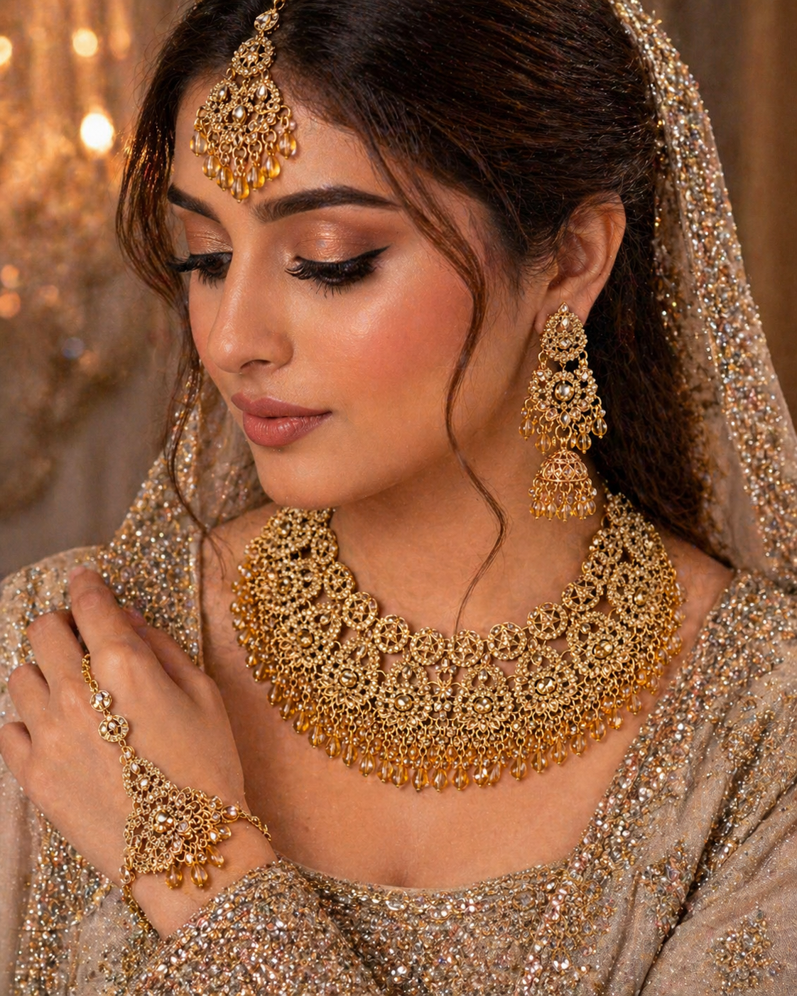 Traditional Gold & Amber Jhumka Bridal Jewelry Set