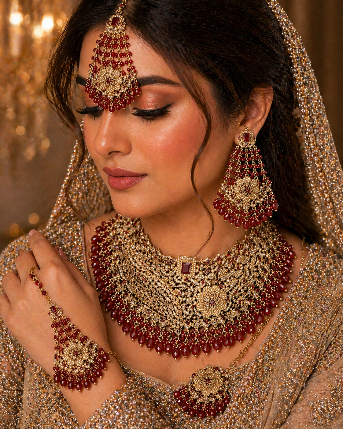 Regal Crimson Red & Gold Statement Bridal Jewelry Set