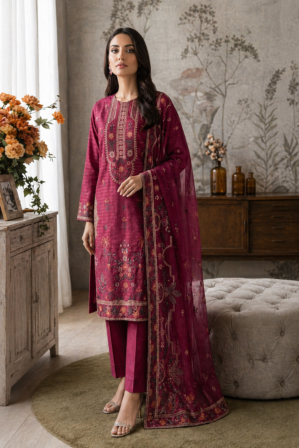 Luxury Lawn Embroidered Suit - Deep Plum