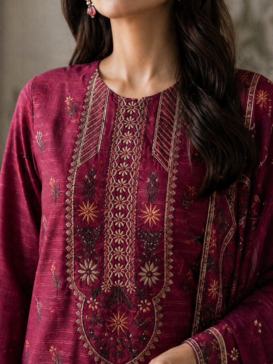 Luxury Lawn Embroidered Suit - Deep Plum