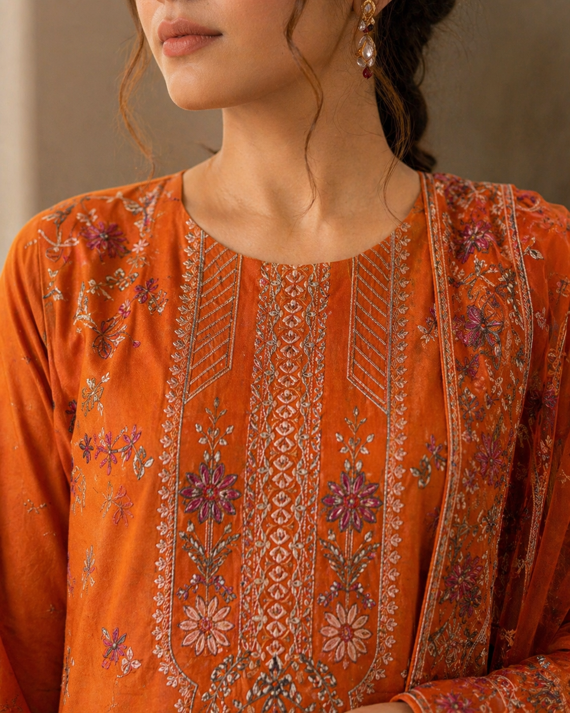 Luxury Lawn Embroidered Suit - Vibrant Rust Orange