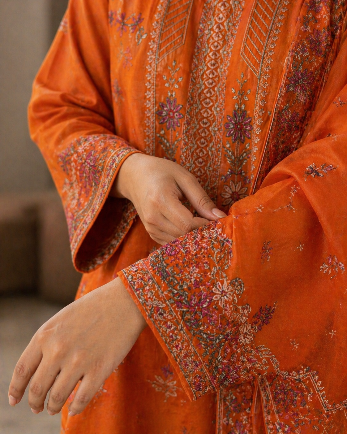 Luxury Lawn Embroidered Suit - Vibrant Rust Orange