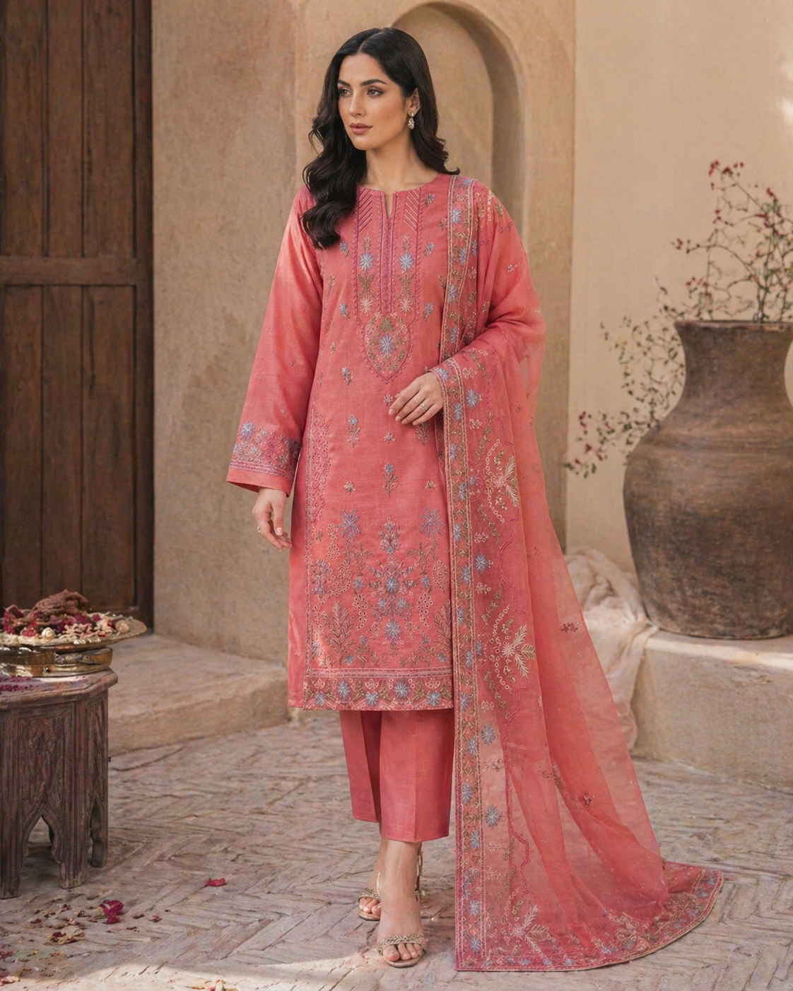 Luxury Lawn Embroidered Suit - Coral Pink