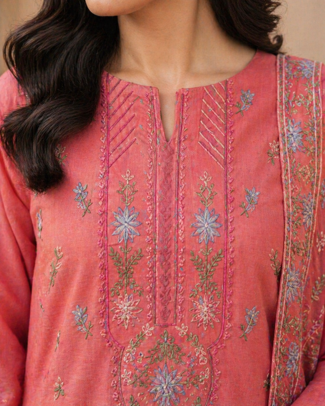 Luxury Lawn Embroidered Suit - Coral Pink
