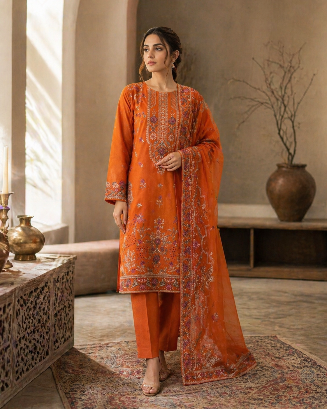 Luxury Lawn Embroidered Suit - Vibrant Rust Orange