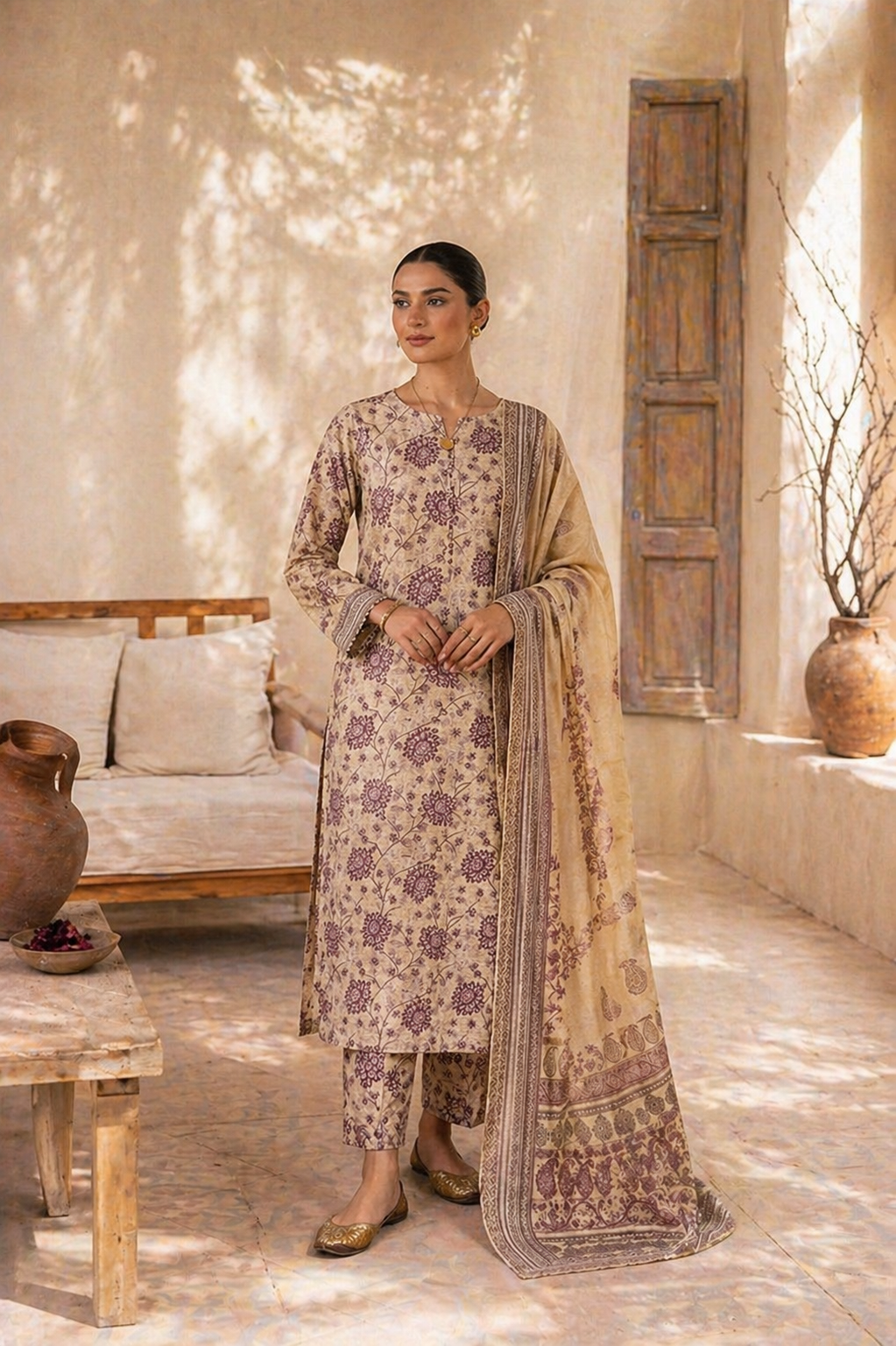 Printed Lawn 3-Piece Suit - Beige & Maroon Paisley