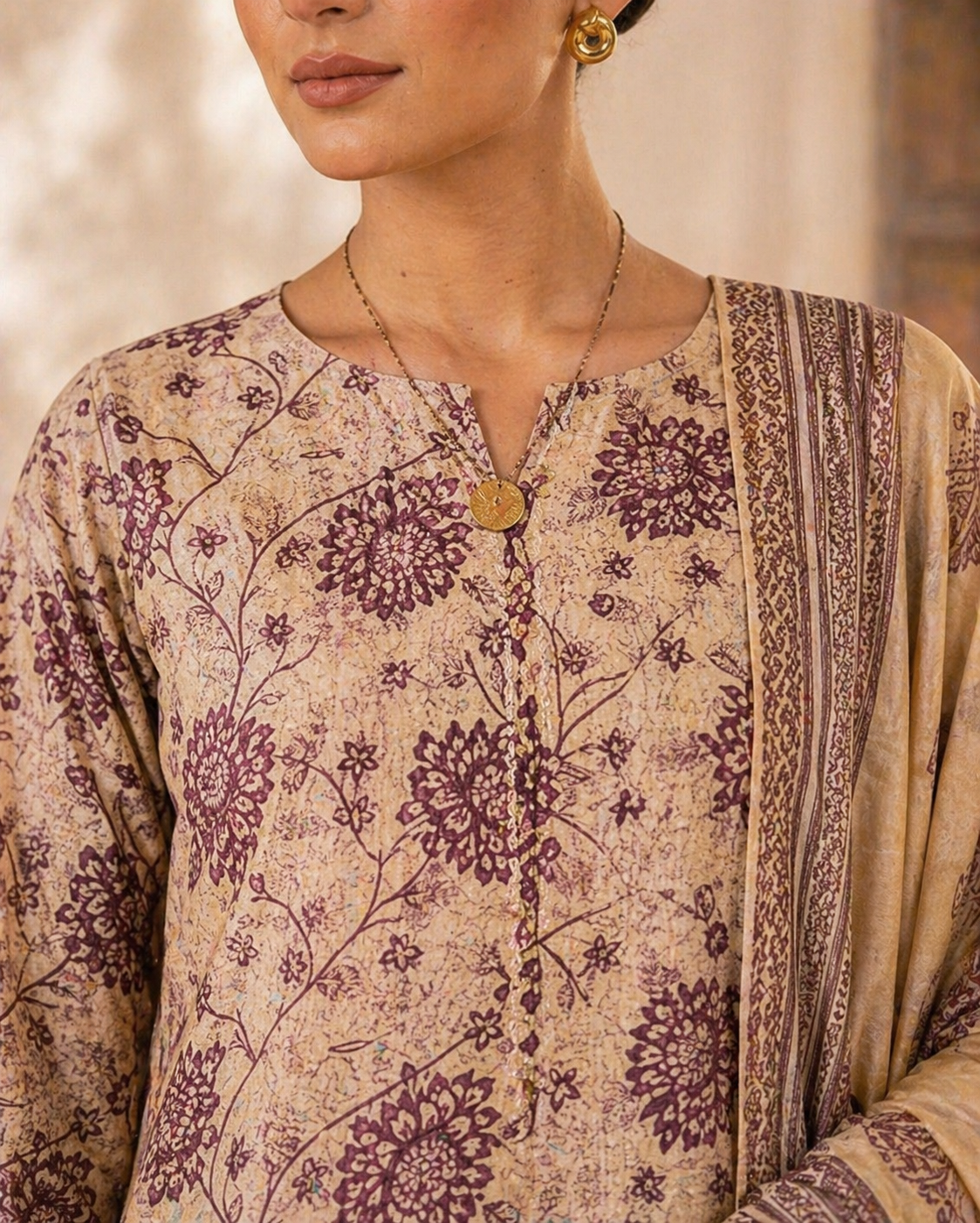 Printed Lawn 3-Piece Suit - Beige & Maroon Paisley