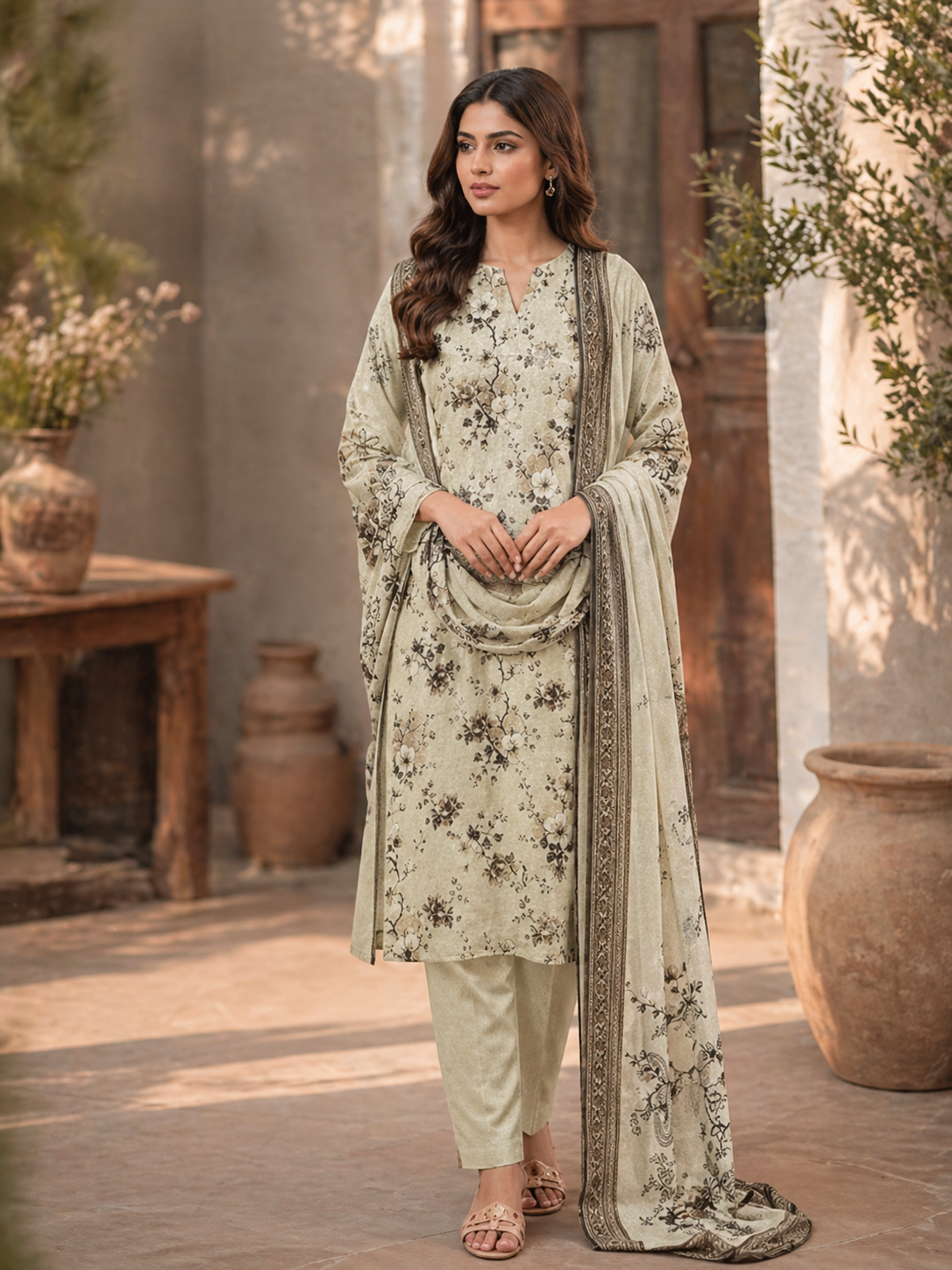 Printed Lawn 3-Piece Suit - Light Olive & Brown