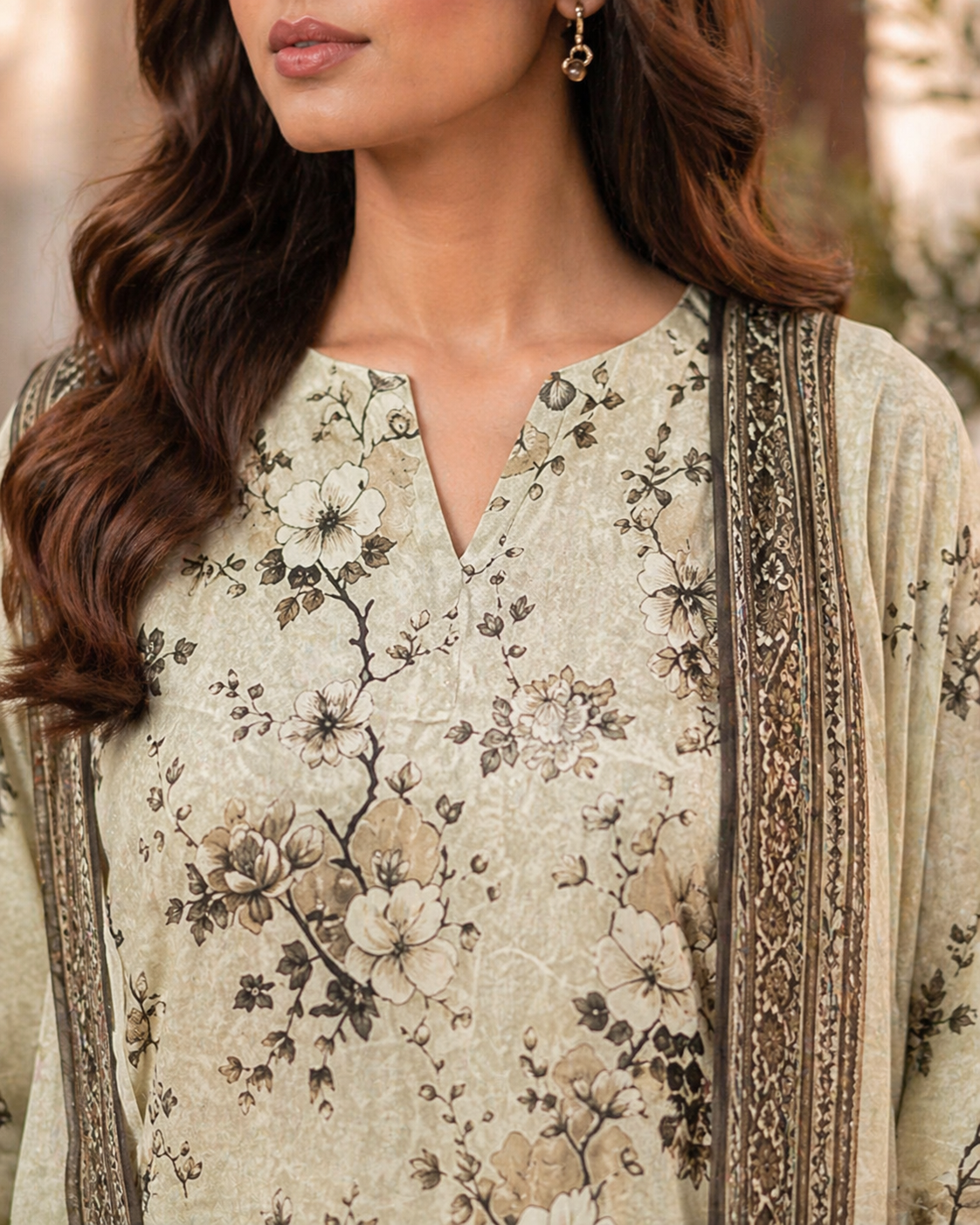 Printed Lawn 3-Piece Suit - Light Olive & Brown