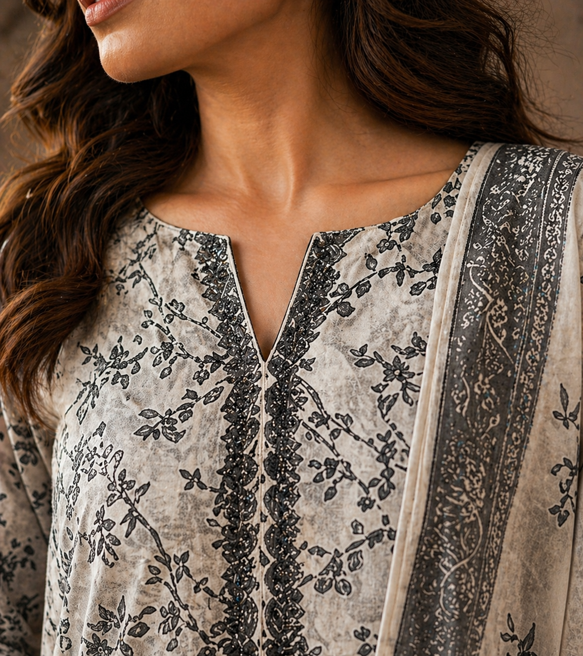 Printed Lawn 3-Piece Suit - Stone Grey Botanical
