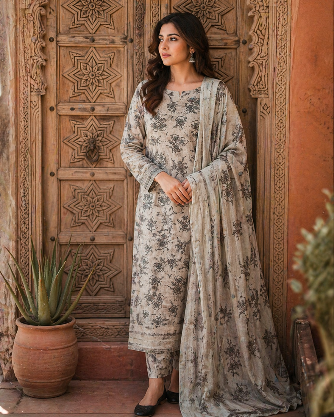 Printed Lawn 3-Piece Suit - Stone Grey Botanical