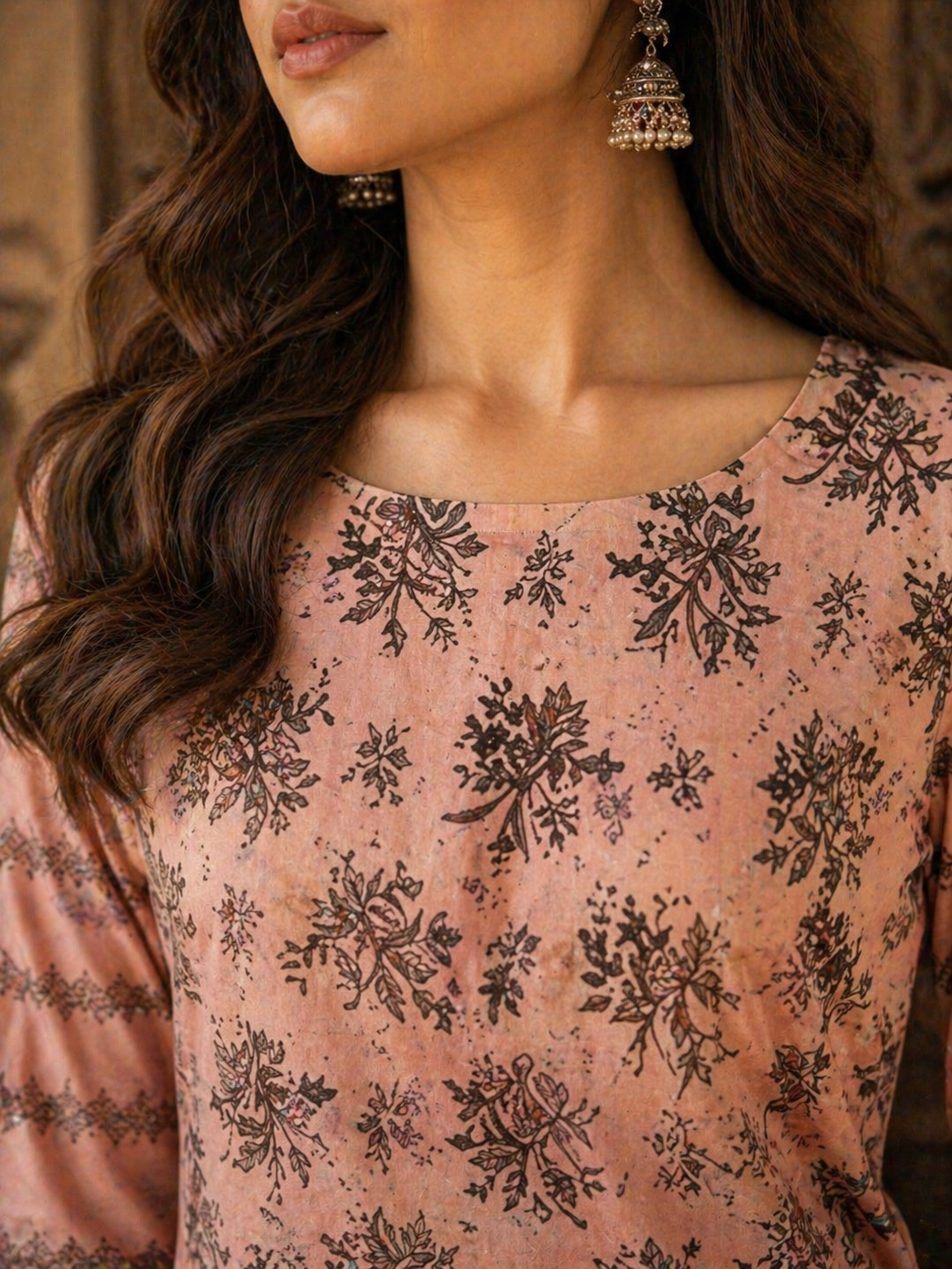 Printed Lawn 3-Piece Suit - Peach & Charcoal Floral
