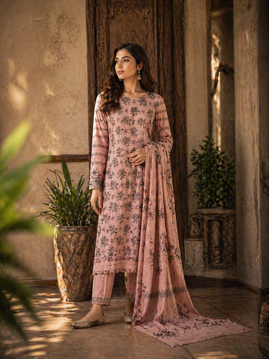 Printed Lawn 3-Piece Suit - Peach & Charcoal Floral