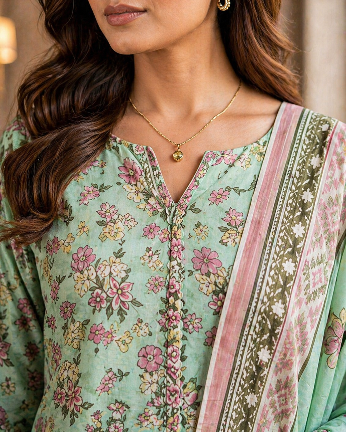 Printed Lawn 3-Piece Suit - Mint Green & Pink