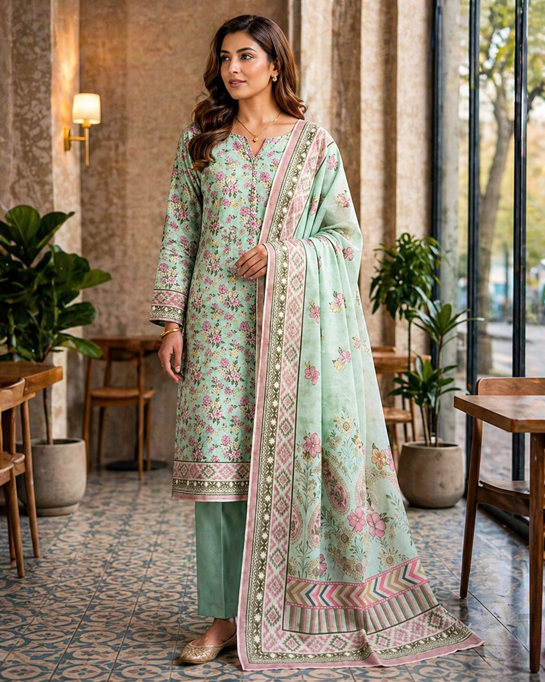 Printed Lawn 3-Piece Suit - Mint Green & Pink