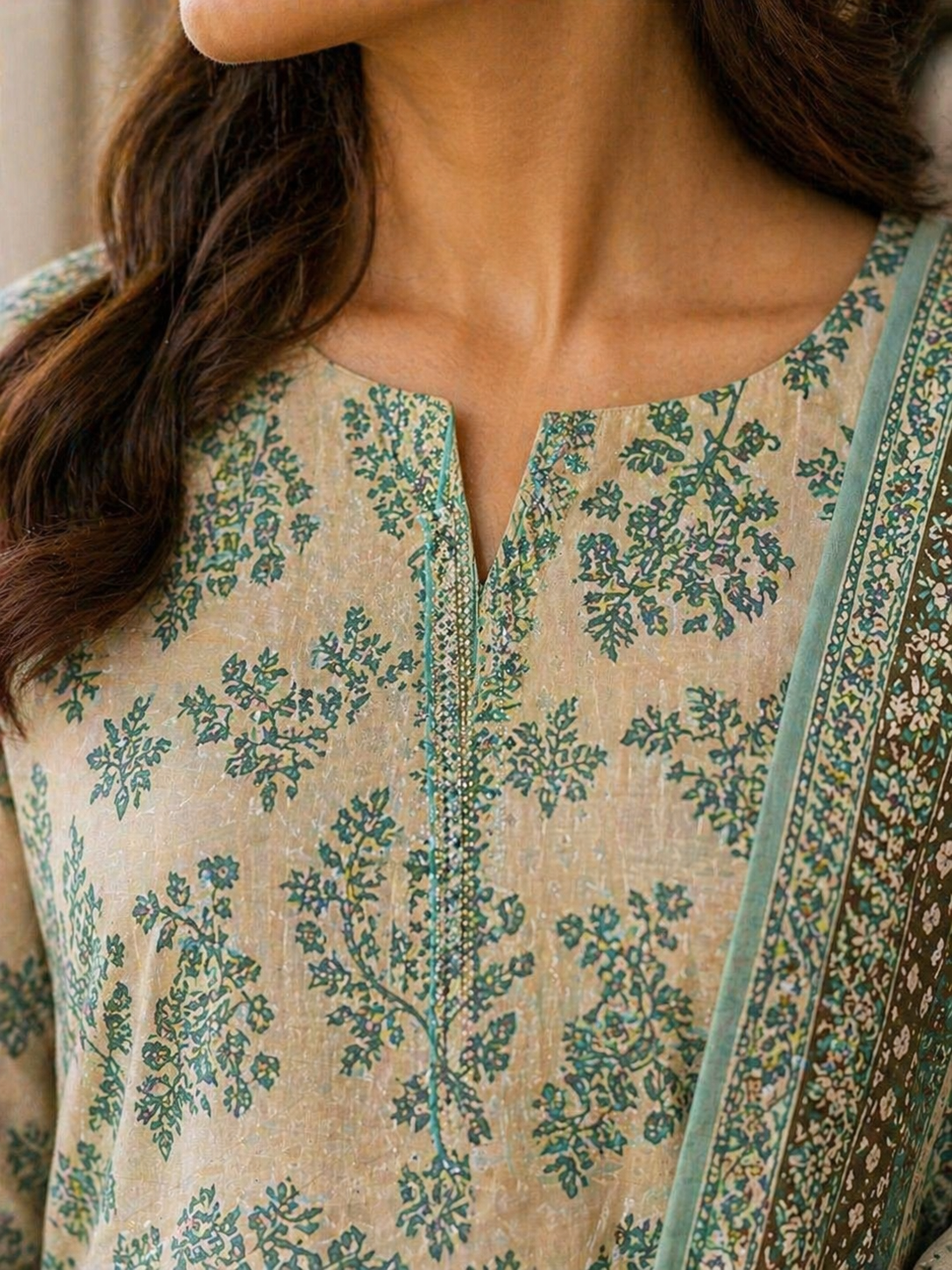 Printed Lawn 3-Piece Suit - Cream & Green Floral