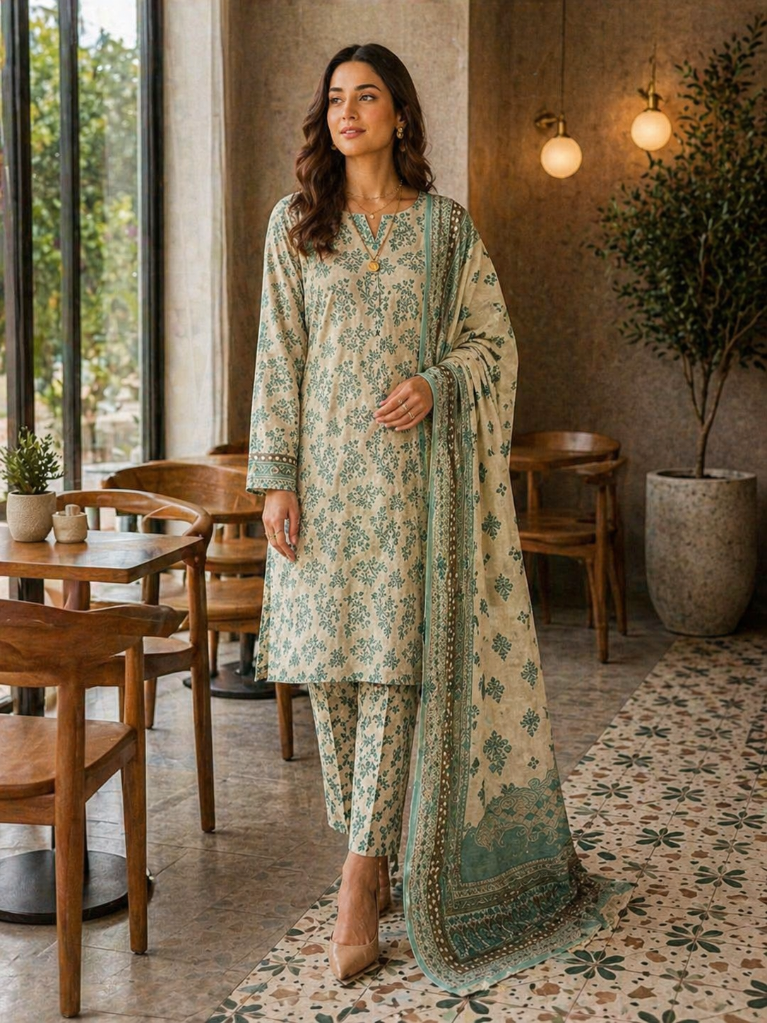 Printed Lawn 3-Piece Suit - Cream & Green Floral